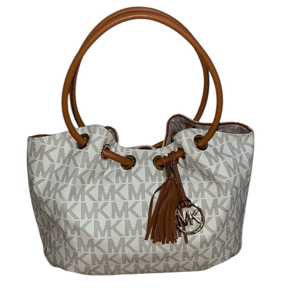 •MICHAEL KORS•NWOT WHITE & BROWN LARGE JET SET GATHERED LOGO SHOULDER BAG
